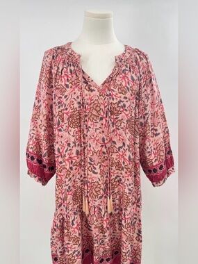 Natalie Martin Floral Dress Red Pink Mini Ruffle Tunic Tassel S
